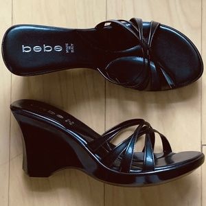 bebe Black Strappy Wedge Sandals Size 10